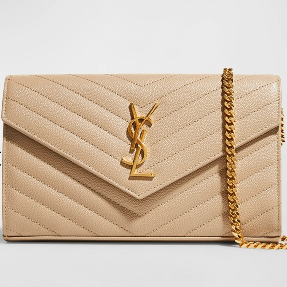 Saint Laurent Beige Quilted Leather Chain Wallet with Gold Hardware